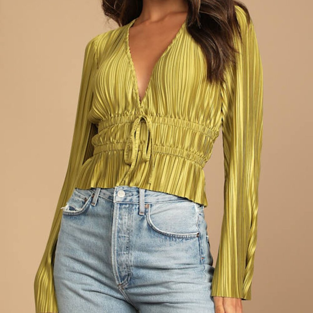 Lulus Staying Optimistic Chartreuse Pleated Bell Sleeve Top Green - Size S